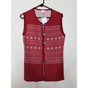 Vrikke Norwegian NEW Sz L Wool Nordic Fair Isle Red Sleeveless Cardigan Toggle